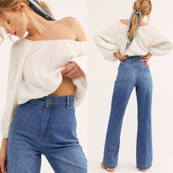 We The Free Denim - We The Free • Wide Leg Frayed Hem Mindy Rigid Flares High Rise Denim Jean Sz 26